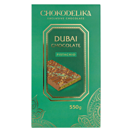 Шоколад молочный "Dubai Pistachio" с начинкой из фисташки, 550 гр